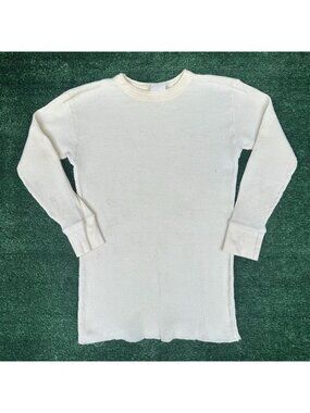 Vintage 60s Waffle Knit Thermal T-Shirt Cream S Long Sleeve Plain Blank Layer